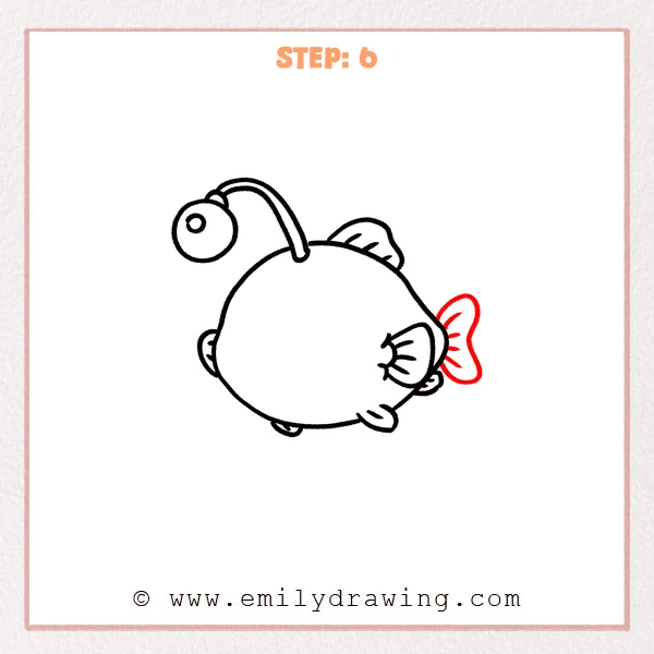 how to draw an angler fish - Step 6: A bow-shaped tail fin and a small top fin complete the angler fish silhouette.